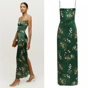 Reformation Frankie Silk Dress in Buena Green White Floral Maxi - Size 8